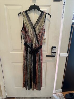 Julia Jordan Metallic Multicolor Striped Midi Dress with Black Belt